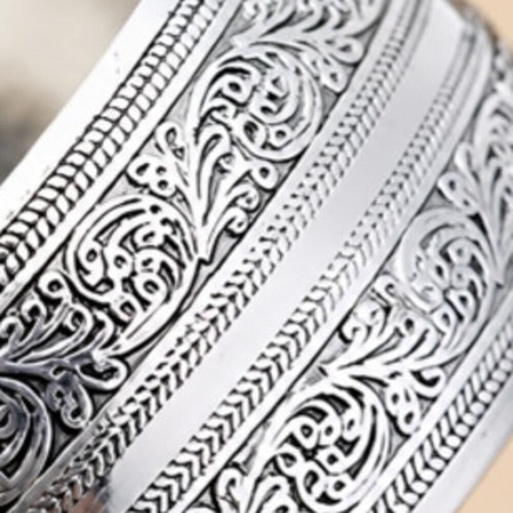 Stainless Steel Open Cuff Bracelet Flowers and Branches Striped Design